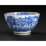 A CAUGHLEY BLUE AND WHITE TEA REEDED BOWL, C1790 painted with the Crowded Island pattern, 8.5cm diam
