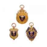 THREE GOLD AND ENAMEL MEDALS OF DERBYSHIRE FOOTBALL ASSOCIATION, 1923-24 AND 1929 SEASONS obv. arms,