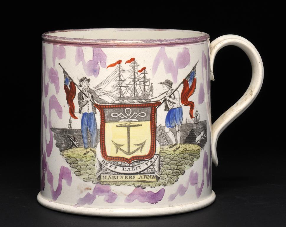 A SUNDERLAND LUSTRE PORTER MUG, C1830 with prints of the Mariner's Arms and a ship, 12cm h ++No