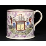 A SUNDERLAND LUSTRE PORTER MUG, C1830 with prints of the Mariner's Arms and a ship, 12cm h ++No