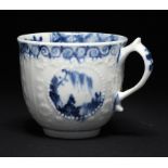 A LOWESTOFT BLUE AND WHITE COFFEE CUP WITH HUGHES TYPE MOULDING, C1761-2 5.5cm h, painted numeral