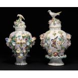 A DERBY FRILL VASE AND COVER AND A SIMILAR BOW FRILL VASE AND COVER, C1765 30 and 28cm h ++Some