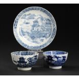 TWO RARE CAUGHLEY BLUE AND WHITE TEA BOWLS AND A MATCHING SAUCER, C1797-99 printed with the Banana