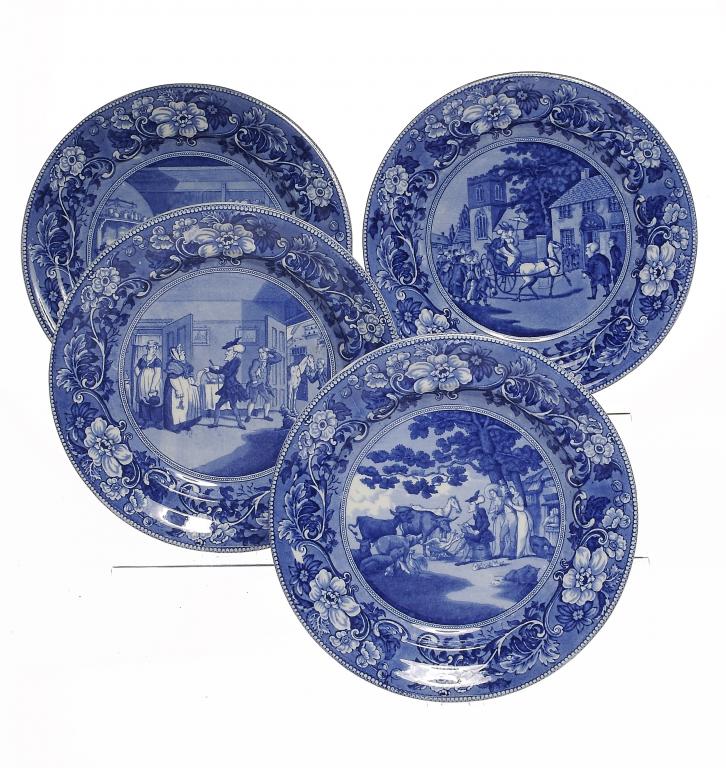 A SET OF FOUR JAMES & RALPH CLEWS BLUE PRINTED EARTHENWARE DR SYNTAX SERIES PLATES, C1830 26cm diam,