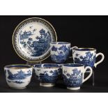 FIVE CAUGHLEY BLUE AND WHITE TEA WARES AND A CONTEMPORARY MATCHING CHINESE COFFEE CUP, C1779-88