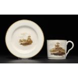 A PINXTON COFFEE CAN AND STAND OR CUP PLATE, 1796-1813 painted with landscapes, stand 12.5cm