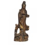 A CHINESE GILTWOOD FIGURE OF GUANYIN WITH AN ACOLYTE, 18TH/19TH C 50cm h ++Gilding heavily rubbed