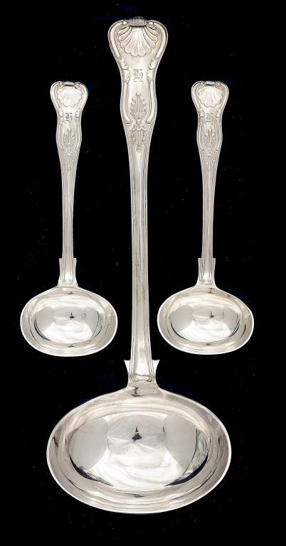 A VICTORIAN SILVER SOUP LADLE AND PAIR OF SAUCE LADLES King's pattern, by Josiah Williams & Co,