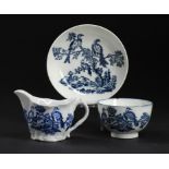 A CAUGHLEY BLUE AND WHITE LOW CHELSEA EWER AND TEA BOWL AND SAUCER, C1779-88 printed with the