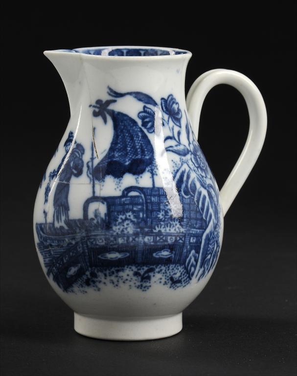A CAUGHLEY BLUE AND WHITE BALUSTER JUG, C1779-88 printed with the Fisherman pattern, 8.5cm h,