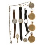 THREE GOLD PLATED HUNTING CASED KEYLESS LEVER WATCHES, A 9CT GOLD CUSHION SHAPED GENTLEMAN'S