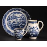 THREE CAUGHLEY BLUE AND WHITE TEA WARES, C1779-88 printed with the Fence and House pattern, jug 11.
