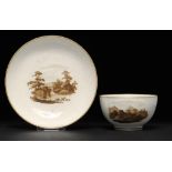 A PINXTON TEA BOWL AND SAUCER, 1796-1813 painted with landscapes, saucer 13.5cm diam ++Saucer with a