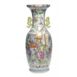A CHINESE CANTON FAMILLE ROSE VASE, 19TH C with lime green and gilt pierced handles, 63cm h ++