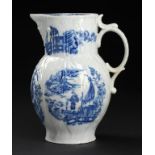 A CAUGHLEY BLUE AND WHITE MASK JUG, C1796-99 printed with the Fisherman pattern, 20cm h Exhibited: