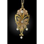 AN ART NOUVEAU DIAMOND, BAROQUE PEARL, GOLD AND PLIQUE À JOUR ENAMEL PENDANT, C1900 marked on loop