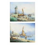 A PAIR OF ENGLISH PORCELAIN PLAQUES, PAINTED BY S D NOWICKI, LATE 20TH C with Dutch coastal