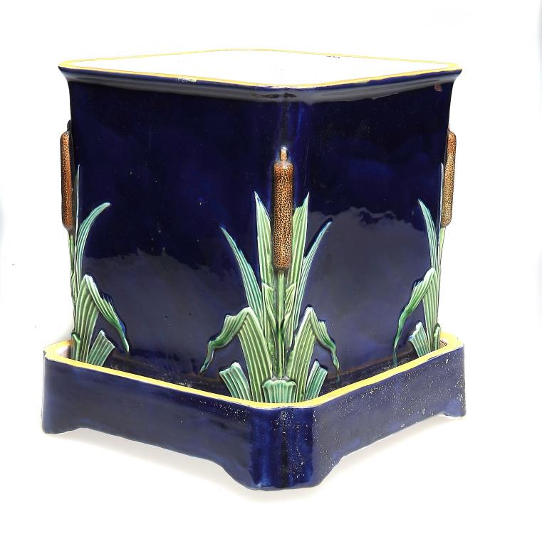 A MINTON MAJOLICA GARDEN POT AND STAND OF "BULRUSH EMBOSSED, SQUARE" SHAPE, 1867 30cm h, impressed