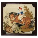 A PAIR OF VICTORIAN BERLIN WOOLWORK PICTURES, C1840 of a girl on a pony or a boy playing with a