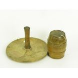 A VICTORIAN TURNED PINE STRING BARREL AND A VICTORIANS SYCAMORE BUTTER WORKER