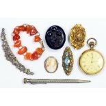 A GOLD PLATED KEYLESS LEVER WATCH, A VICTORIAN VULCANITE LOCKET, A CAMEO BROOCH AND SEVERAL OTHER