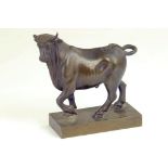 A BRONZE SCULPTURE OF A BULL ON RECTANGULAR PLINTH, 19TH CENTURY, ONE HORN SLIGHTLY DAMAGED