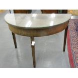 A 19TH CENTURY MAHOGANY SEMI CIRCULAR TABLE ON THREE SQUARE TAPERED LEGS