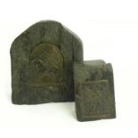 TWO FRENCH BRONZE PLAQUETTES, INSET IN HEWN OAK BLOCKS, EARLY 20TH CENTURY