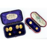 A PAIR OF VICTORIAN 15CT GOLD ENGRAVED CUFFLINKS, BIRMINGHAM 1877, A PAIR OF GOLD STUDS SET WITH A