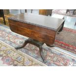 AN EARLY VICTORIAN MAHOGANY DROP LEAF PEDESTAL TABLE WITH BRASS PAW CASTORS