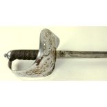 AN 1897 PATTERN INFANTRY OFFICER'S SWORD AND LEATHER COVERED SERVICE SCABBARD, THE ETCHED BLADE