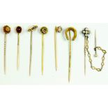 A SMALL COLLECTION OF GOLD STICKPINS, VARIOUSLY GEM SET, MAINLY LATE VICTORIAN, 12G GROSS