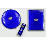 A SET OF SILVER AND BLUE GUILLOCHE ENAMEL COMPACT, CIGARETTE CASE AND LIPSTICK HOLDER, EACH