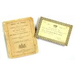 BATTLE OF WATERLOO.  A FINELY PRINTED CARD TICKET TO THE FUNERAL OF THE DUKE OF WELLINGTON,