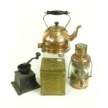 A BRASS SHIPS LAMP WITH SHERWOODS BURNER, A SHEET BRASS COVERED TEA CADDY, A COPPER EARLY ELECTRIC