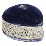 A VICTORIAN HEART SHAPED JEWEL BOX, WITH DOMED PIN CUSHION LID COVERED IN ROYAL BLUE VELVET, THE