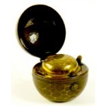 A VICTORIAN ETCHED BRASS GLOBULAR TRAVELLING INKWELL