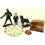 A VINTAGE STYLE RADIO, TWO BRONZED RESIN SCULPTURES, A COMPOSITION SCULPTURE OF A LAWYER AND A ROYAL