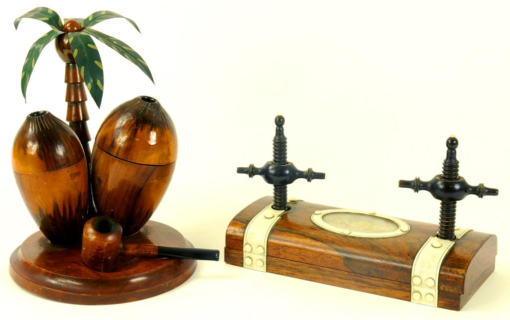 A VICTORIAN IVORY MOUNTED ROSEWOOD AND EBONY TIE PRESS AND AN OLIVE WOOD TOBACCO JAR AND PIPE