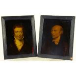 A PAIR OF COLOURED TRANSFER ENGRAVINGS UNDER GLASS, PORTRAITS OF GEORGE CANNING AND F J ROBINSON