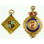 TWO 9CT GOLD AND ENAMEL WATCH FOB SHIELDS, 9.8G