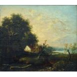 ENGLISH SCHOOL, EARLY 19TH CENTURY - WOODED LANDSCAPE WITH A MAN AT A GATE, OIL ON CANVAS