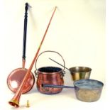 A VICTORIAN COPPER WARMING PAN THE LID ENGRAVED WITH A BIRD, A COPPER PAIL WITH SWING HANDLE, A HORN