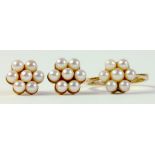 A CULTURED PEARL CLUSTER RING IN 9CT GOLD AND A PAIR OF EARRINGS EN SUITE, 5G GROSS