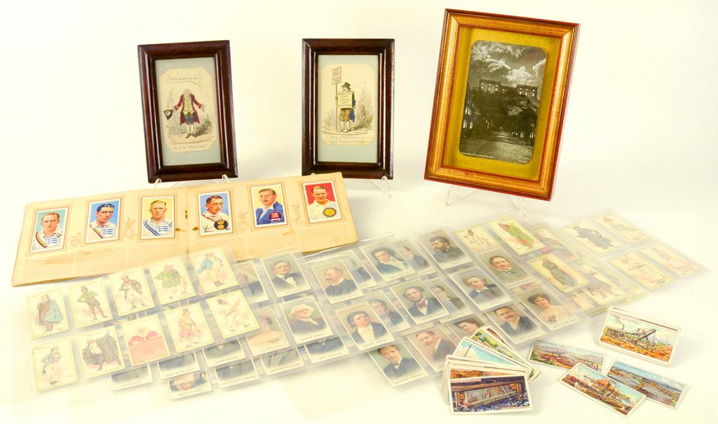 A SMALL QUANTITY OF CIGARETTE CARDS AND FRAMED POSTCARDS, ETC