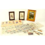 A SMALL QUANTITY OF CIGARETTE CARDS AND FRAMED POSTCARDS, ETC