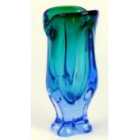 A BLUE AND GREEN CASED GLASS FREEFORM VASE, MID 20TH CENTURY