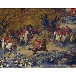 A FRENCH PRINTED SILK FRAGMENT - HUNTING SCENE, OAK FRAME