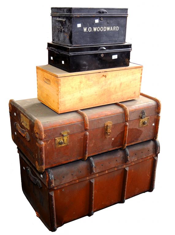 TWO BLACK JAPAN DEED BOXES, TWO CABIN TRUNKS AND A TIMBER BOX