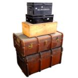 TWO BLACK JAPAN DEED BOXES, TWO CABIN TRUNKS AND A TIMBER BOX